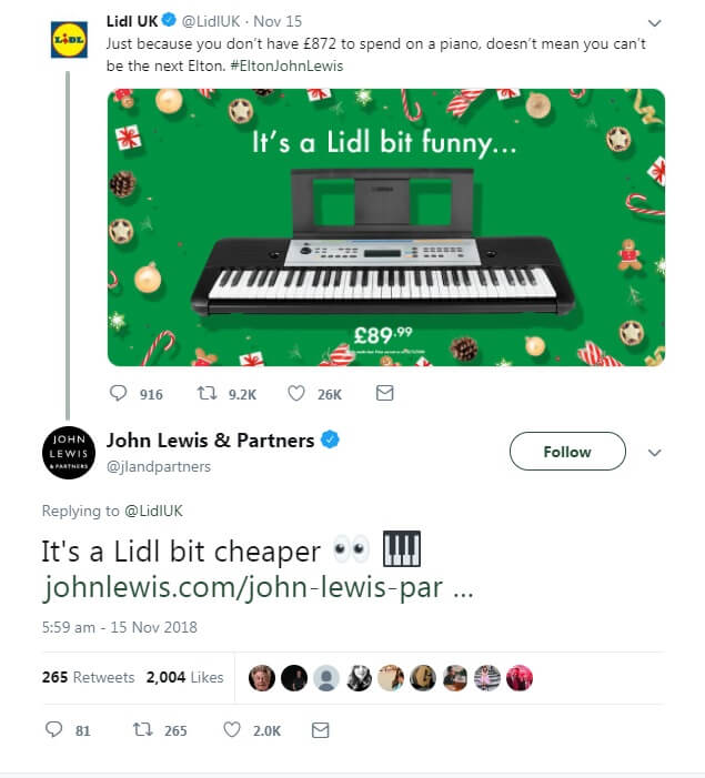 Lidl Christmas reactive post - Elton John John Lewis piano ad