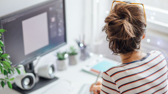 woman working from home; office; computer