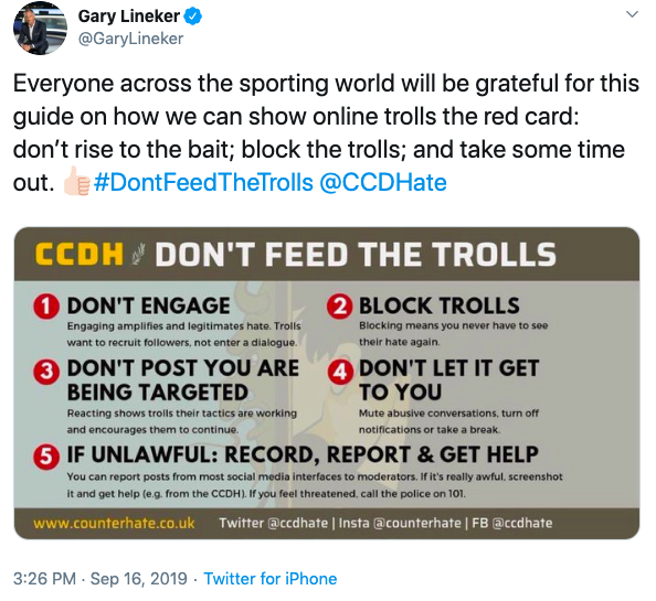 Gary Lineker tweet - Dont Feed The Trolls social media campaign