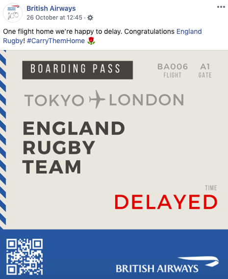 British Airways reactive social post - Boarding pass showing England Rugby Team as delayed