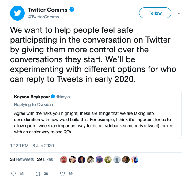@TwitterComms screenshot - limit tweet replies